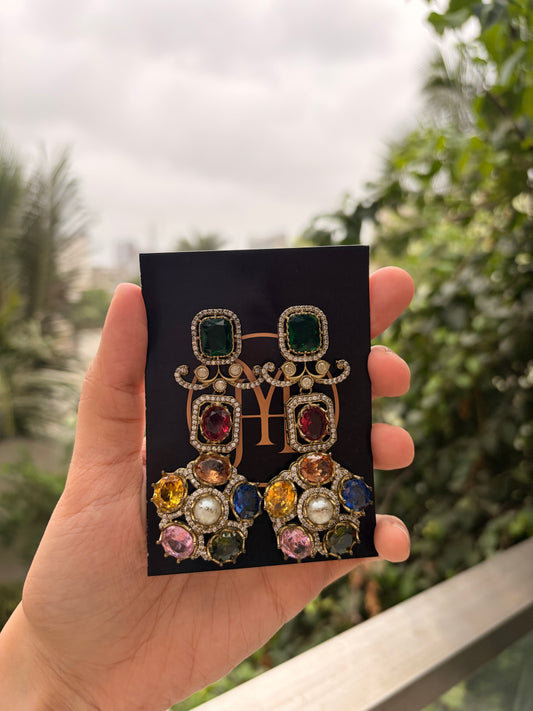 Vintage Multicolor Gemstone Statement Drop Earrings