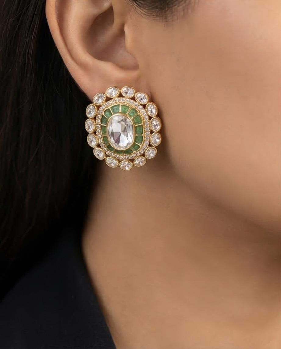 EMERALD HALO POLKI STUDS